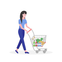 young girl woman pushing supermarket shopping cart vector image