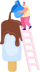 tiny male character stand on ladder pour chocolate vector image