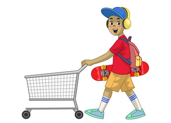 cartoon skater boy pushing shopping cart vector image