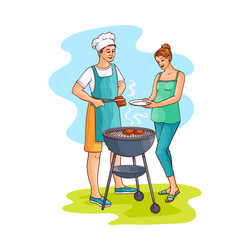 sketch woman taking prepared bbq meat vector image