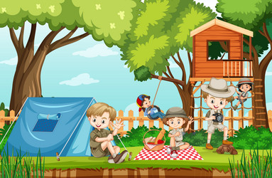 scene of backyard with kids and fence vector image