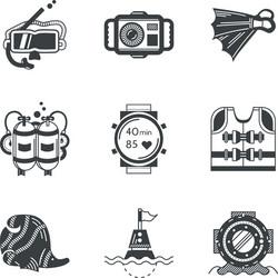 Diving objects black icons vector