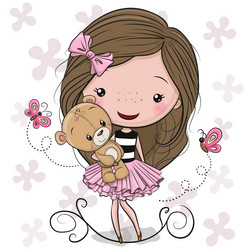 cartoon girl with teddy bear and butterflies vector image