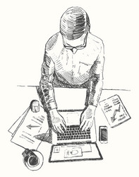 sketch hands computer man office top view drawn vector image