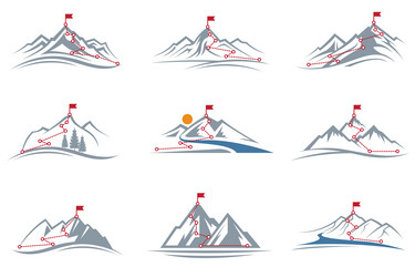 set of mountain climbing route to peak vector image