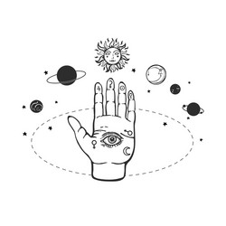 palm with eye providence surrounded planets vector image