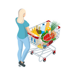 shopping cart full food woman pushing vector image