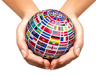 flags of the world on a globe held in hands vector image