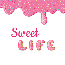 banner with donut pink glaze and text donuts hand vector image