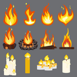 fire light effect flames candle woodpile set vector image