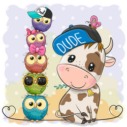 little bull and owls on a blue background vector image