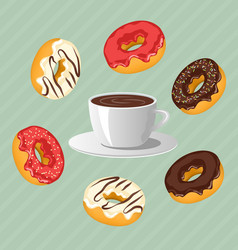 donuts with cup of coffee on blue vector image