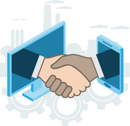 business handshake via phone and laptop vector image