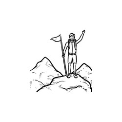 climber with flag standing on mountain top hand vector image