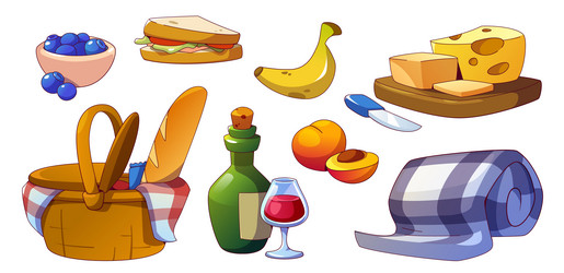 picnic basket for fruit food and wine icon set vector image