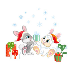 two cute rabbits in a christmas hats with gifts vector image