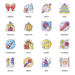 party entertainment flat icons set cake vector image