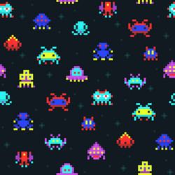 cute pixel robots space invaders retro video vector image