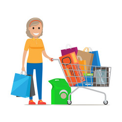 woman with shopping trolley make purchases at mall vector image