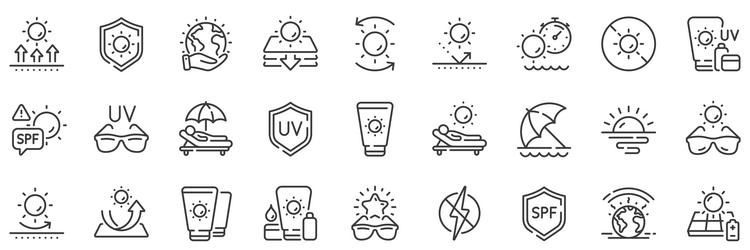 sun protection line icons sunscreen beach vector image