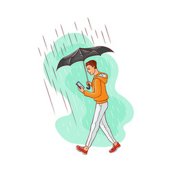 sketch man walking rain umbrella smartphone vector image