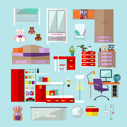 Kids bedroom interior objects in flat style vector