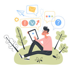 Person communicates on the internet outdoors vector