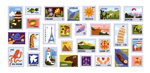 post stamps set world landmarks attractions vector image