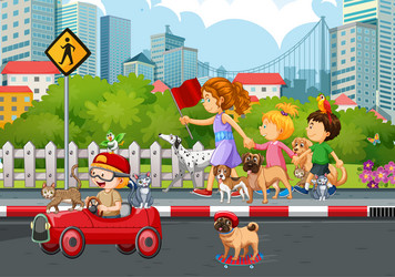 city scene with children playing dogs vector image