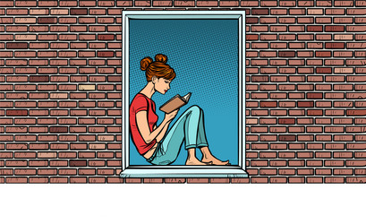 teen girl reading a book sitting in window vector image