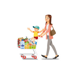 Mother making purchases with son cartoon vector