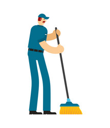 Janitor with sweeping brush service worker man vector