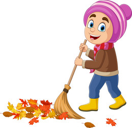 Cartoon little boy raking autumn leaves vector