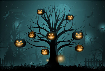 dark cute halloween pumpkins and big tree vector image