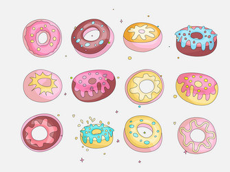 Cute funny girl teenager colored icon set donuts vector