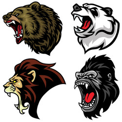 wild animals heads set lion bear gorilla panda vector image