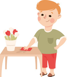 cute boy wiping dust from table kid helping his vector image