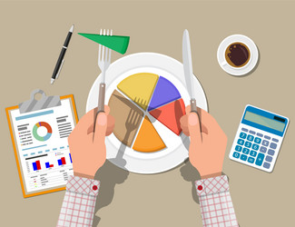 hands with knife and fork cut chart pie peace vector image