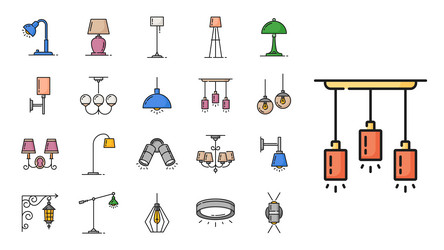 lamp color line icons lantern candle chandelier vector image