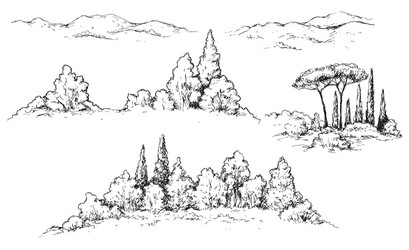 fragments of rural scene with hills and trees vector image