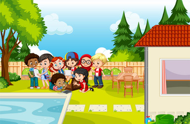 scene of backyard with kids and fence vector image