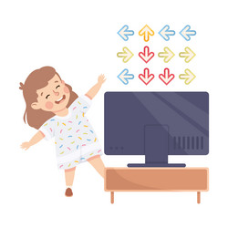 little girl at monitor playing game using smart vector image