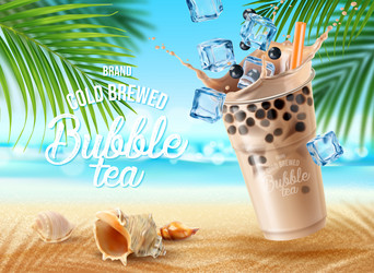 bubble milk tea on summer beach with palm leaves vector image