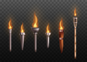 realistic medieval torch set with burning fire vector image