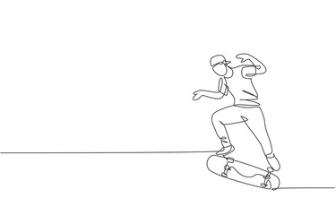 one single line drawing young skateboarder man vector image