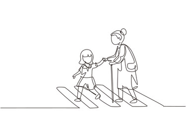 single one line drawing little girl helps old vector image