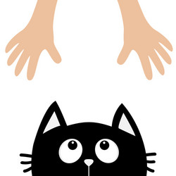 Black cat head looking up to human hand cute vector