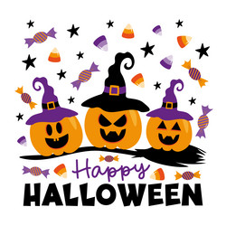 happy halloween - scary pumpkins in witch hat vector image