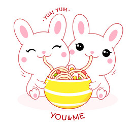 two cute white rabbits eat ramen noodles kawaii vector image