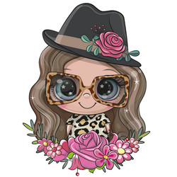 cartoon girl in glasses and hat with flowers vector image